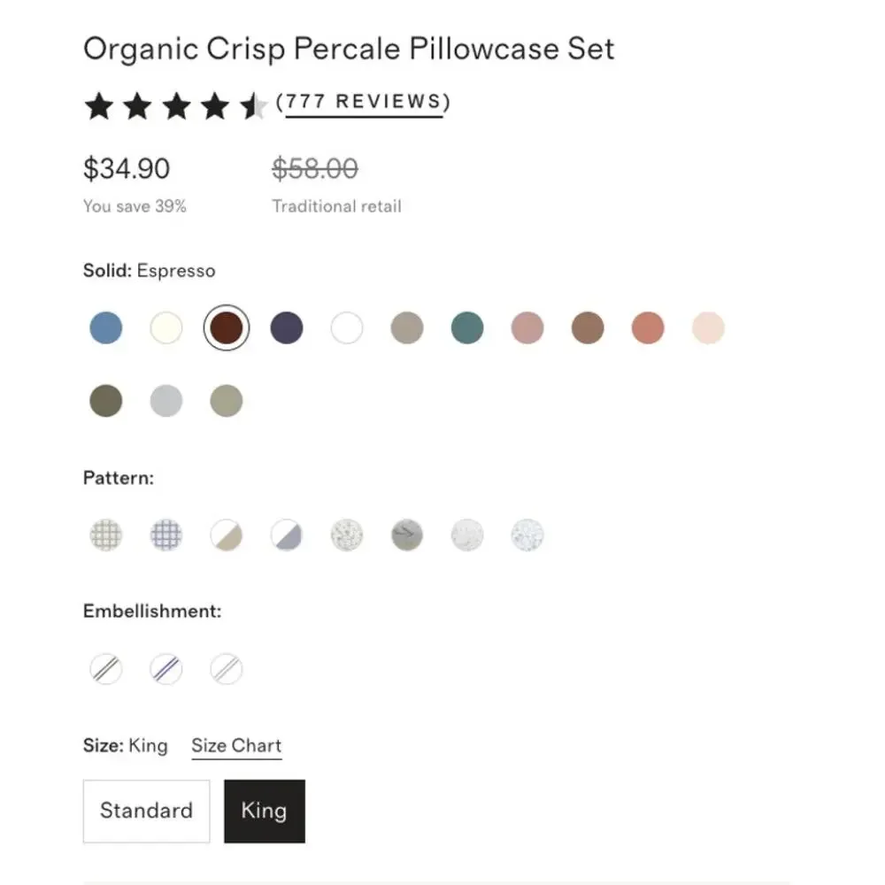 QUINCE Organic Crisp Percale Pillowcase Set KING in ESPRESSO